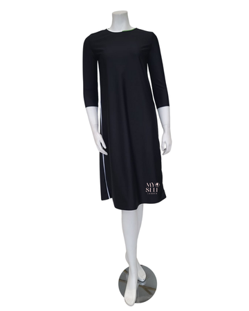 Seashells S6602 Green & White Trim Black Swim Dress 3/4" Sleeves myselflingerie.com
